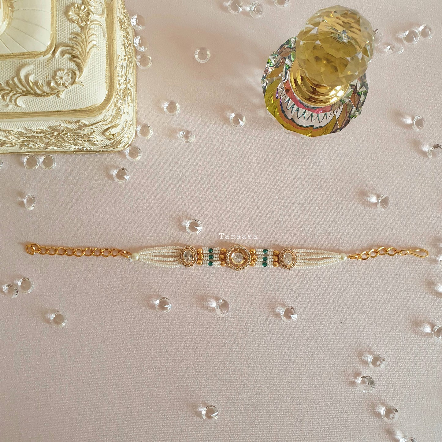 White & Green Kundan Bracelet