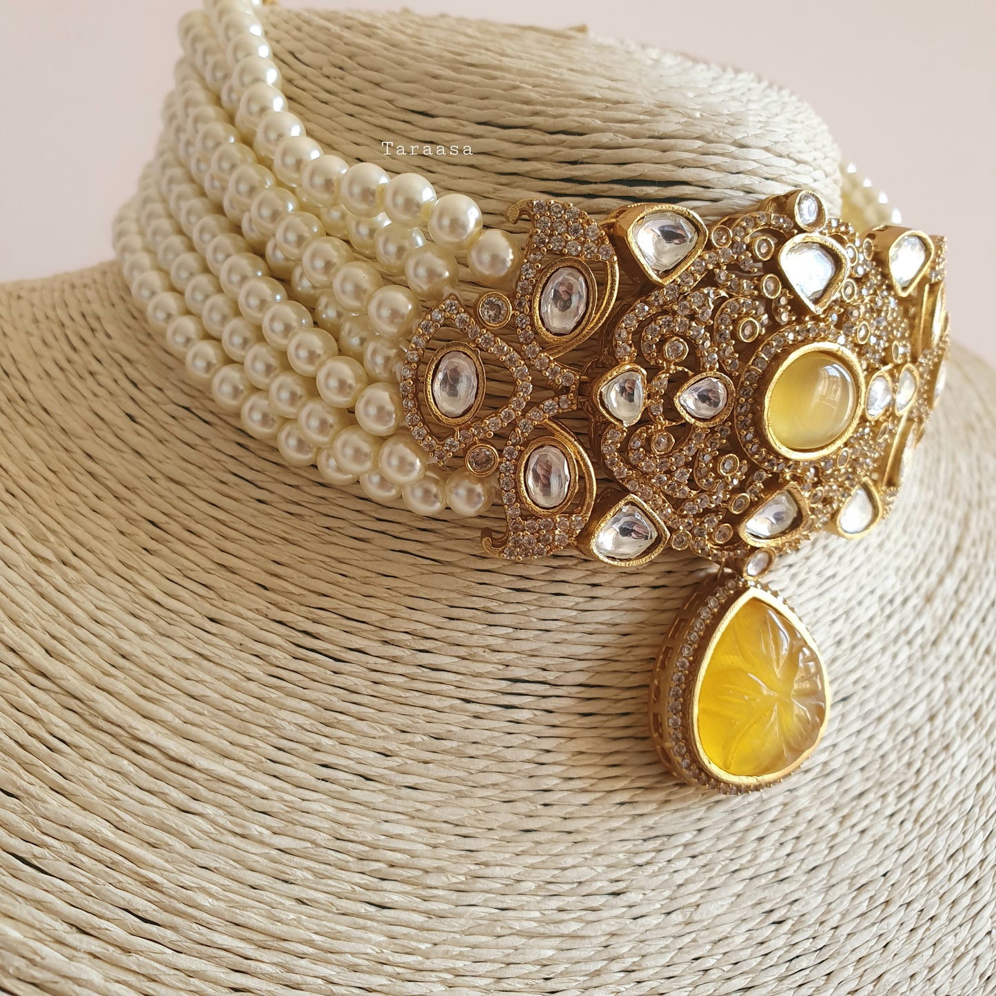 Kundan Pearl Choker Set - Sunflower Yellow