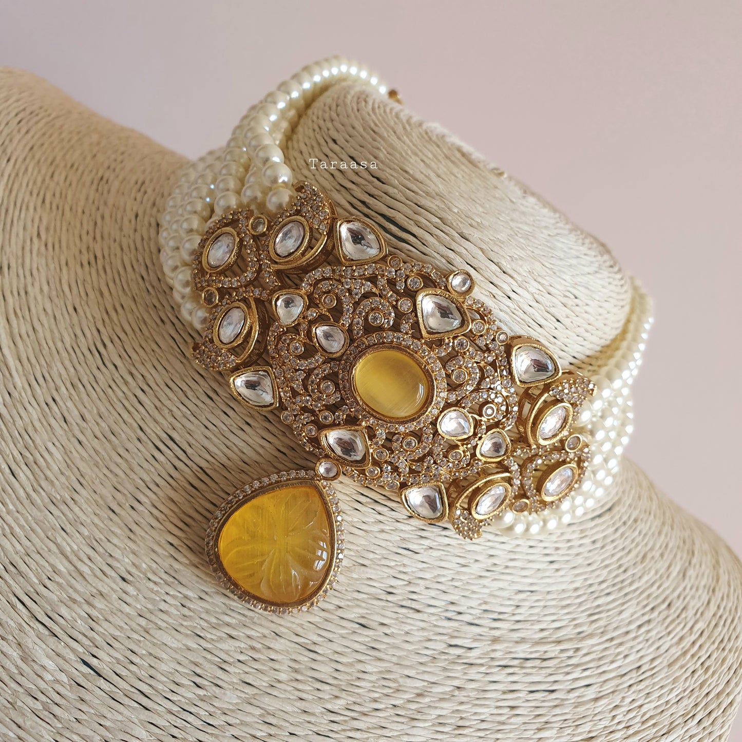 Kundan Pearl Choker Set - Sunflower Yellow