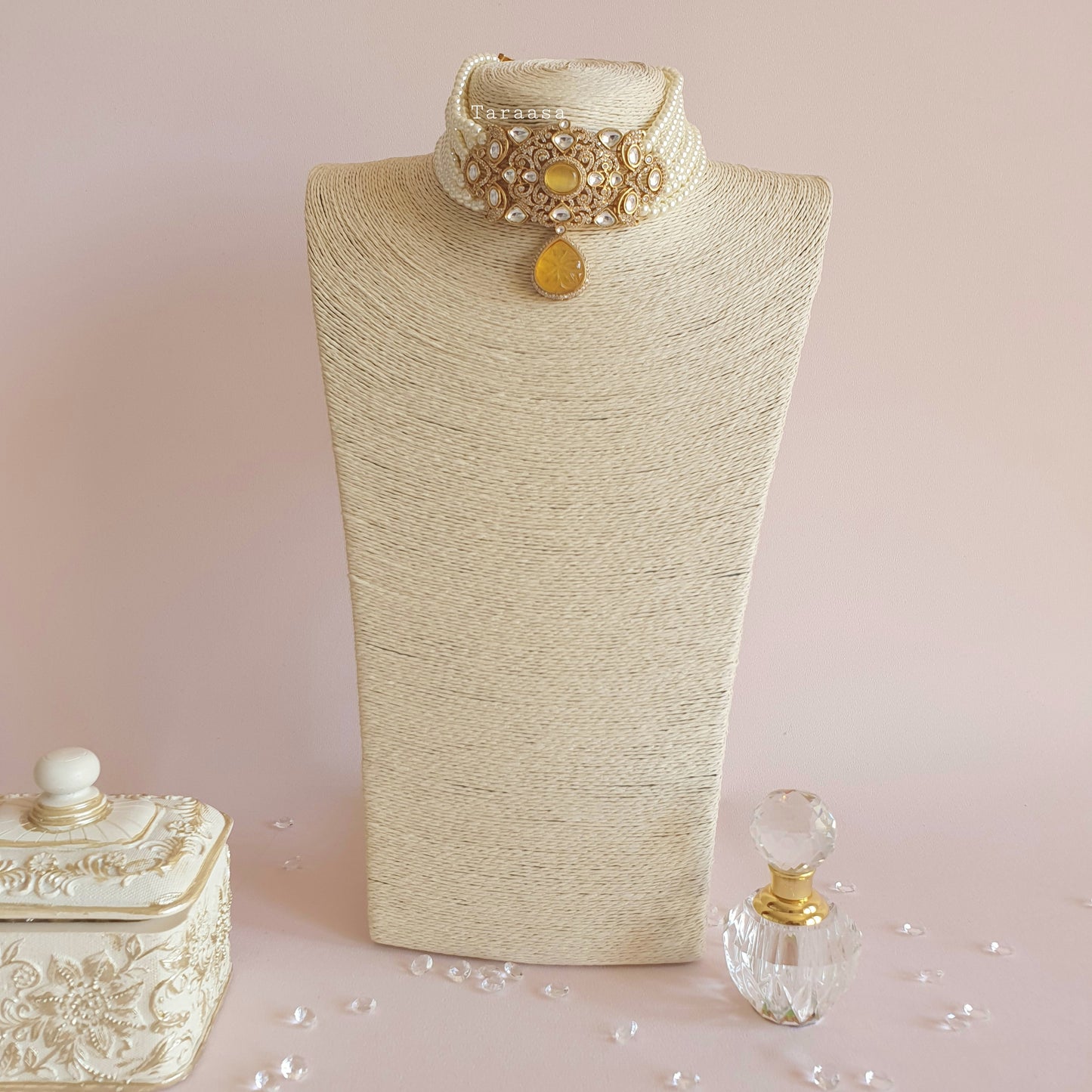 Kundan Pearl Choker Set - Sunflower Yellow