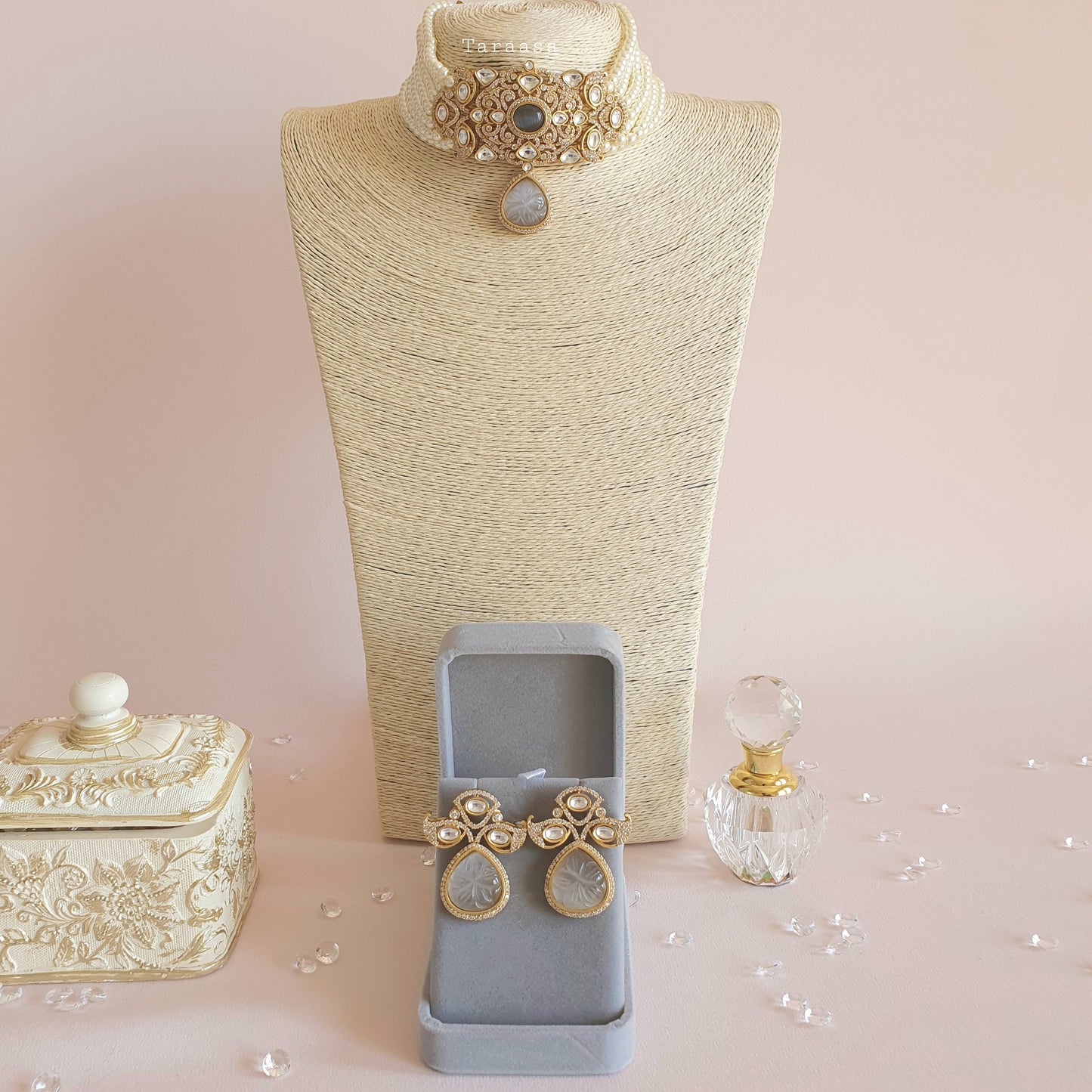 Kundan Pearl Choker Set - Grey