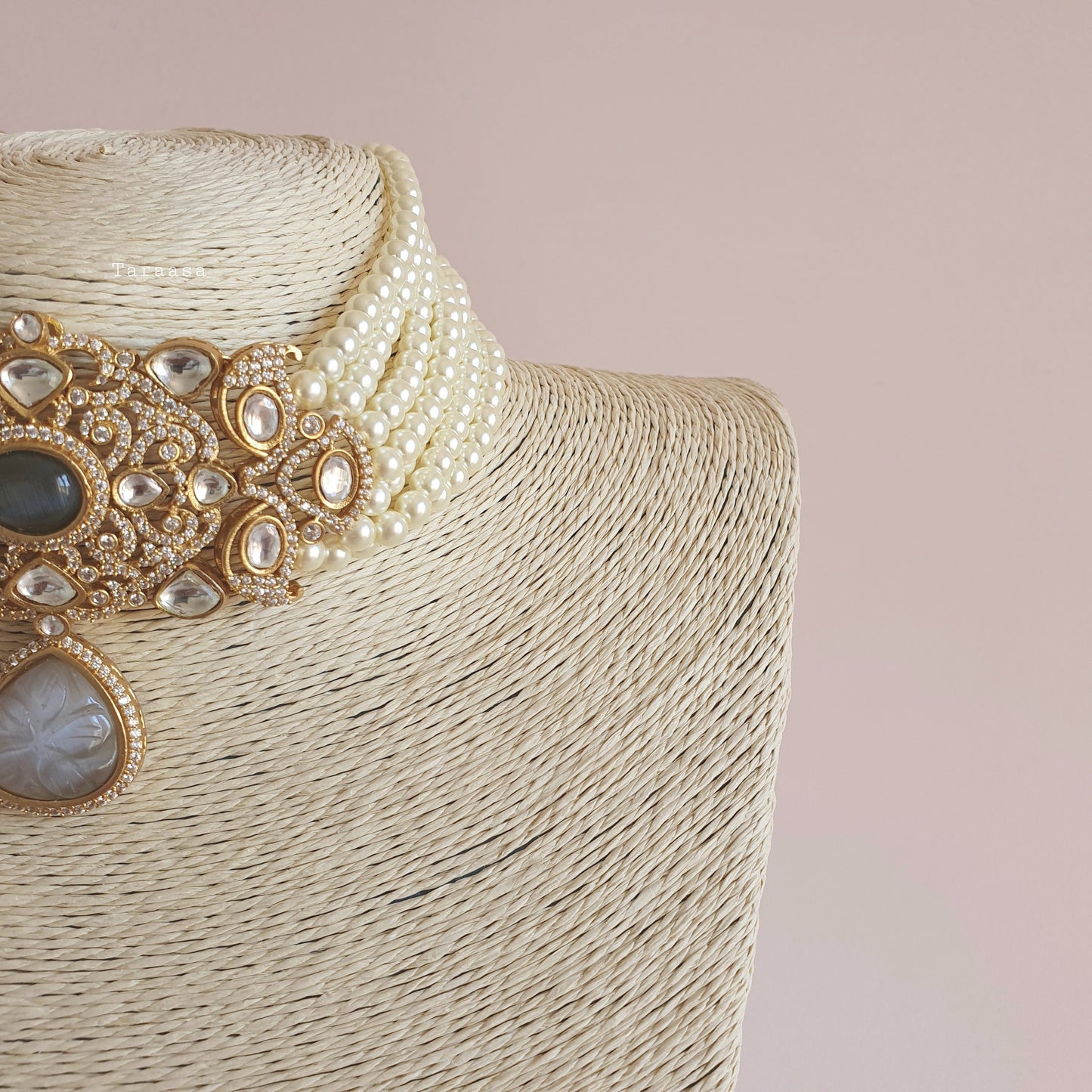 Kundan Pearl Choker Set - Grey