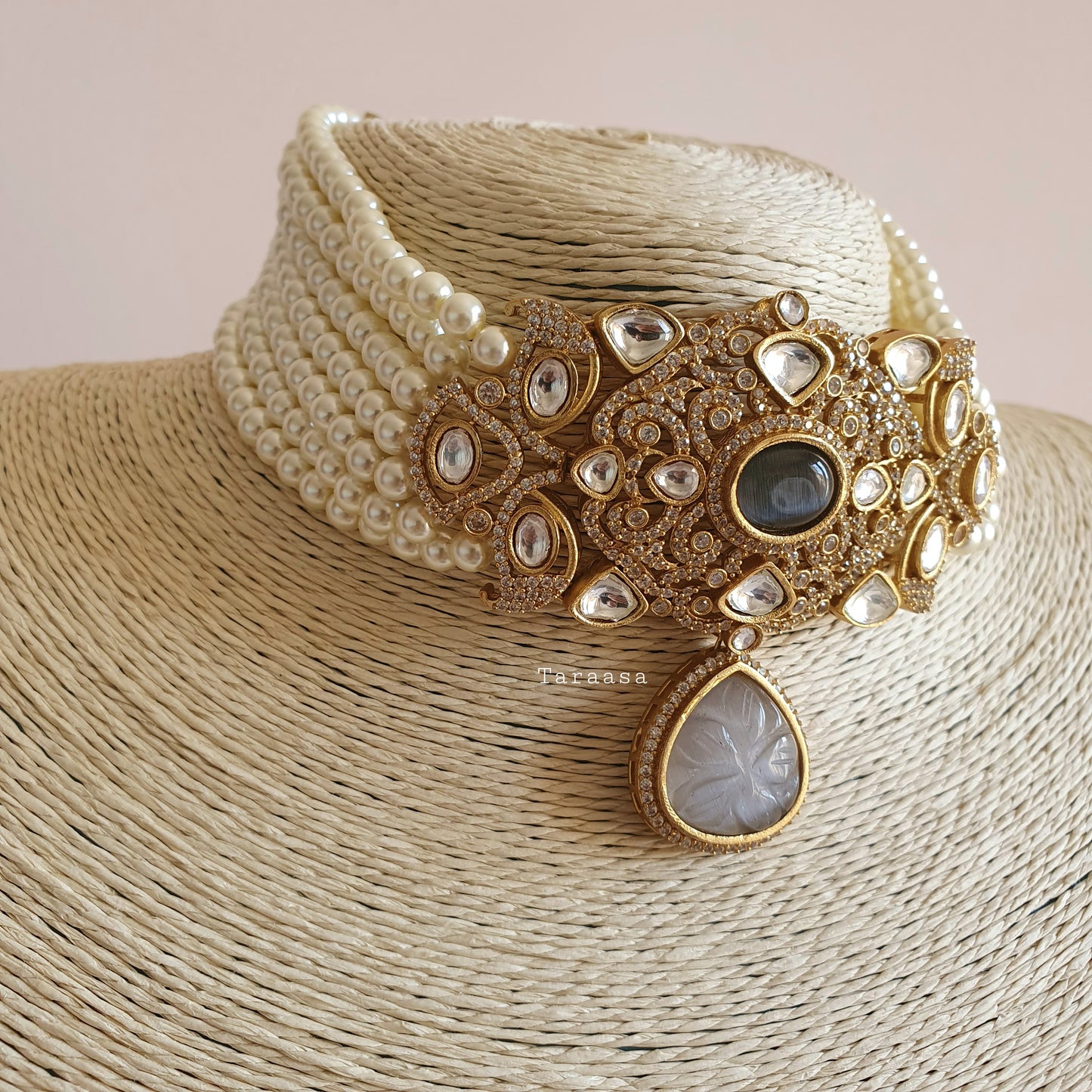 Kundan Pearl Choker Set - Grey