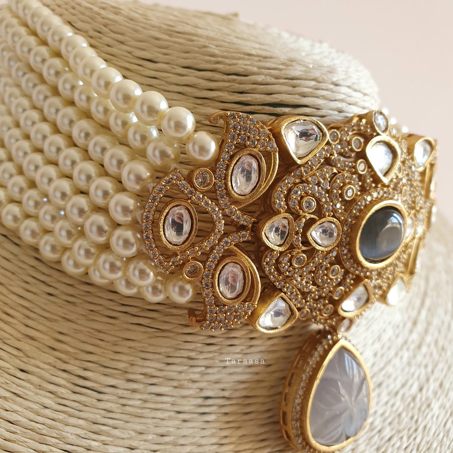 Kundan Pearl Choker Set - Grey