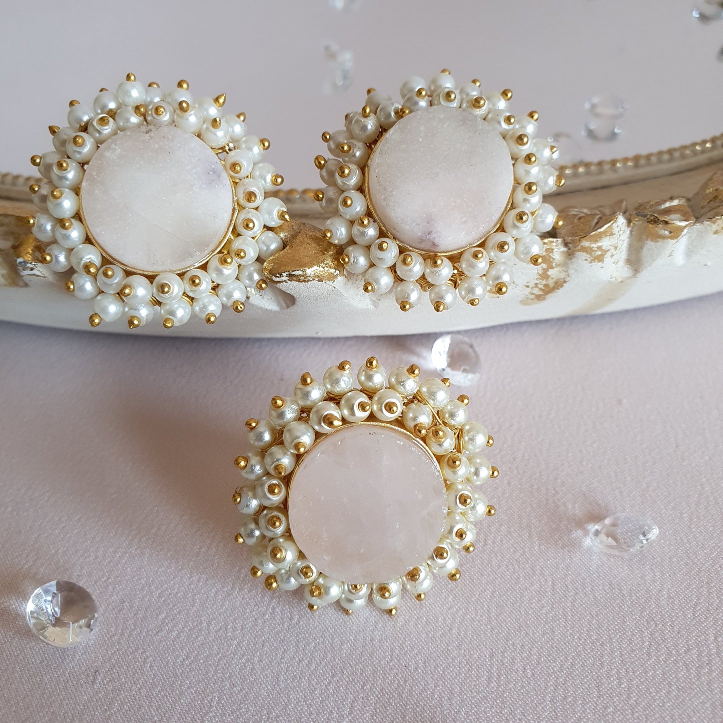 Rose Quartz Earring Ring Set