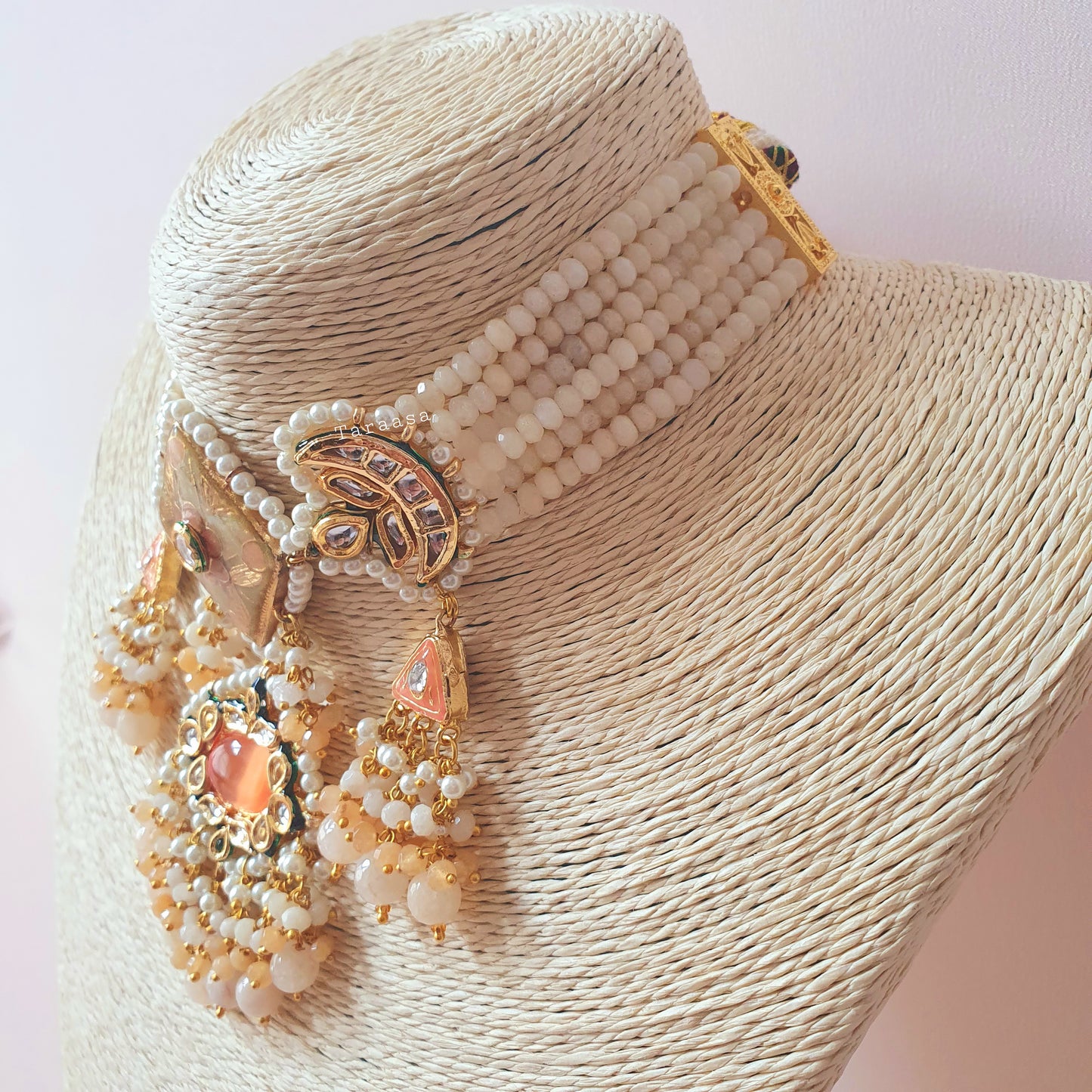 White & Peach Meenakari Choker Set