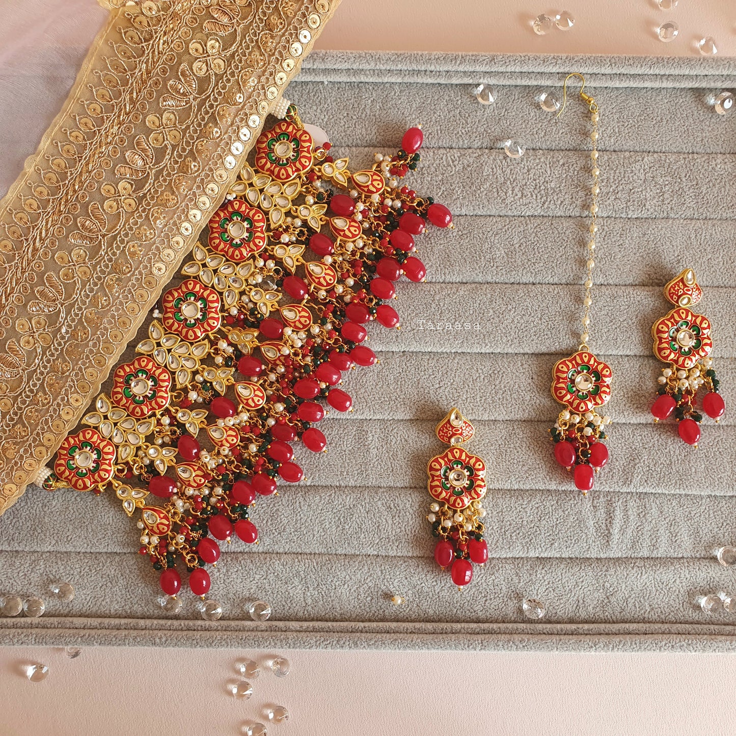 Red Meenakari and Kundan Choker