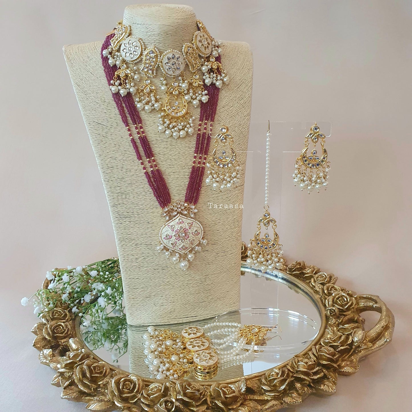 White And Maroon Meenakari Set