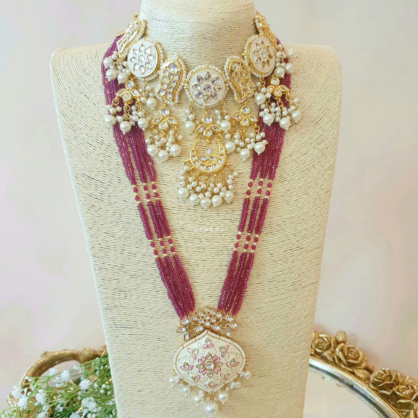White And Maroon Meenakari Set
