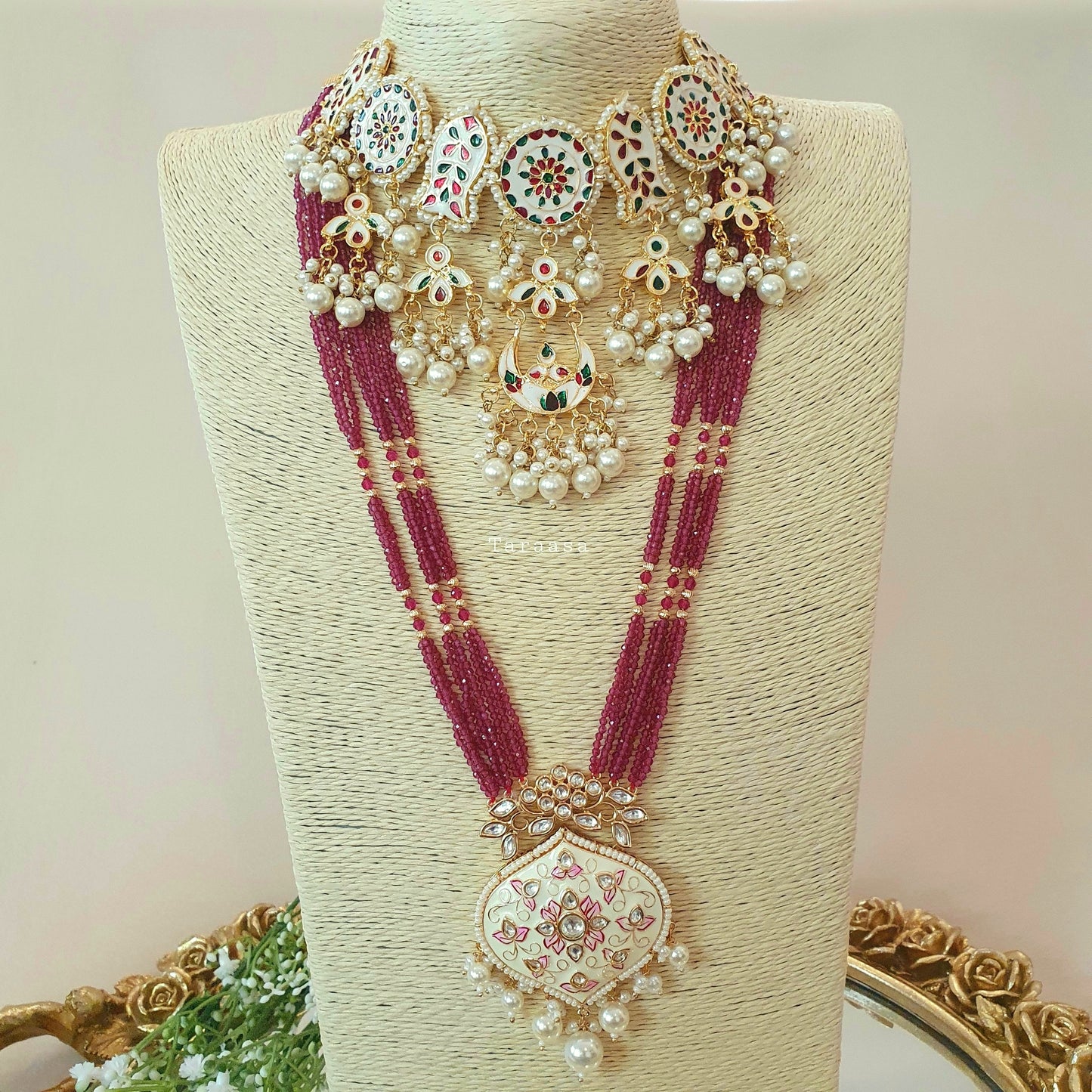 White And Maroon Meenakari Set