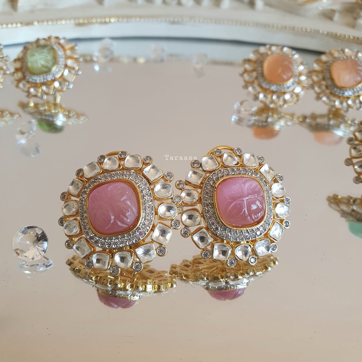 Pink Kundan Studs