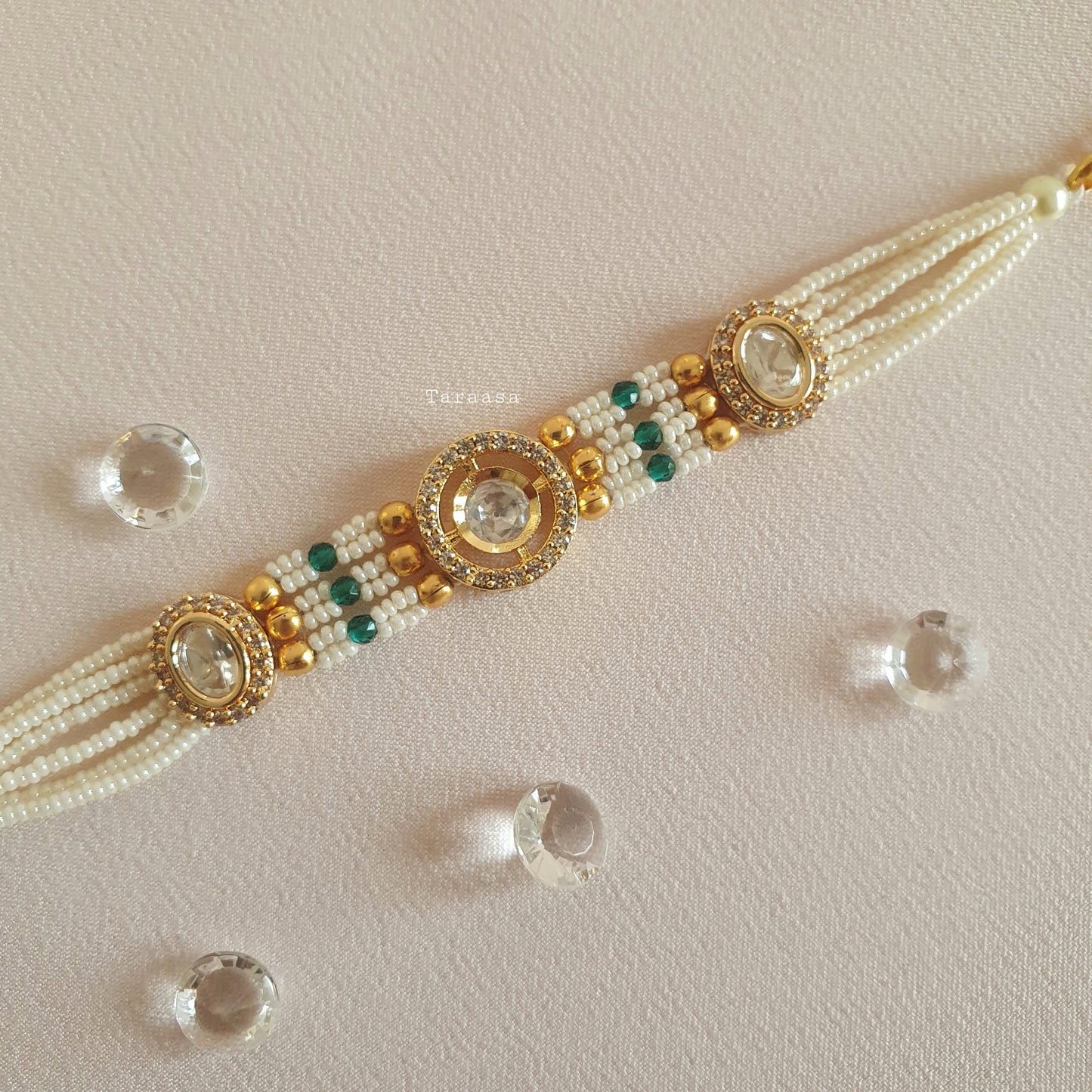 White & Green Kundan Bracelet