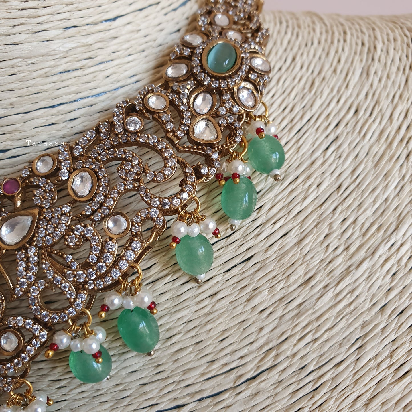 Peacock Kundan Choker Set - Mint Green