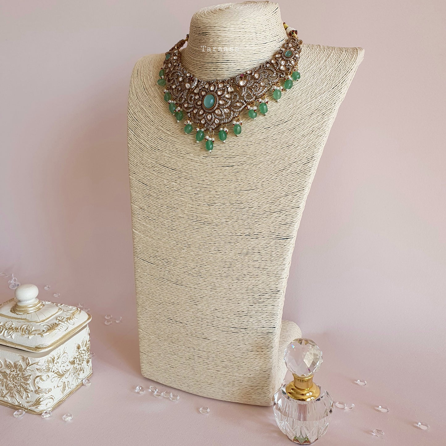 Peacock Kundan Choker Set - Mint Green