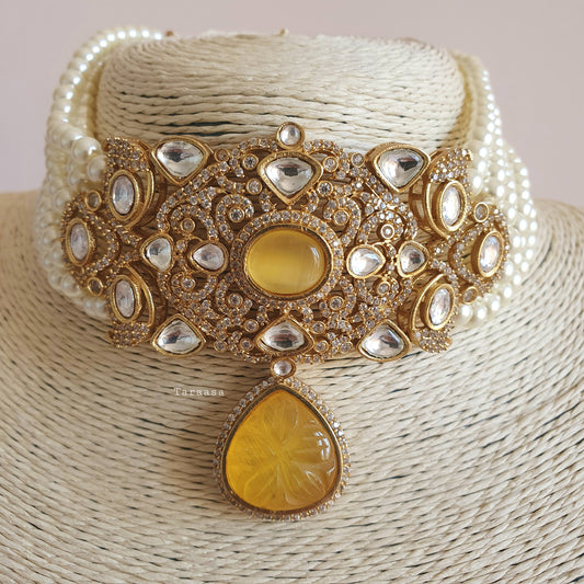 Kundan Pearl Choker Set - Sunflower Yellow