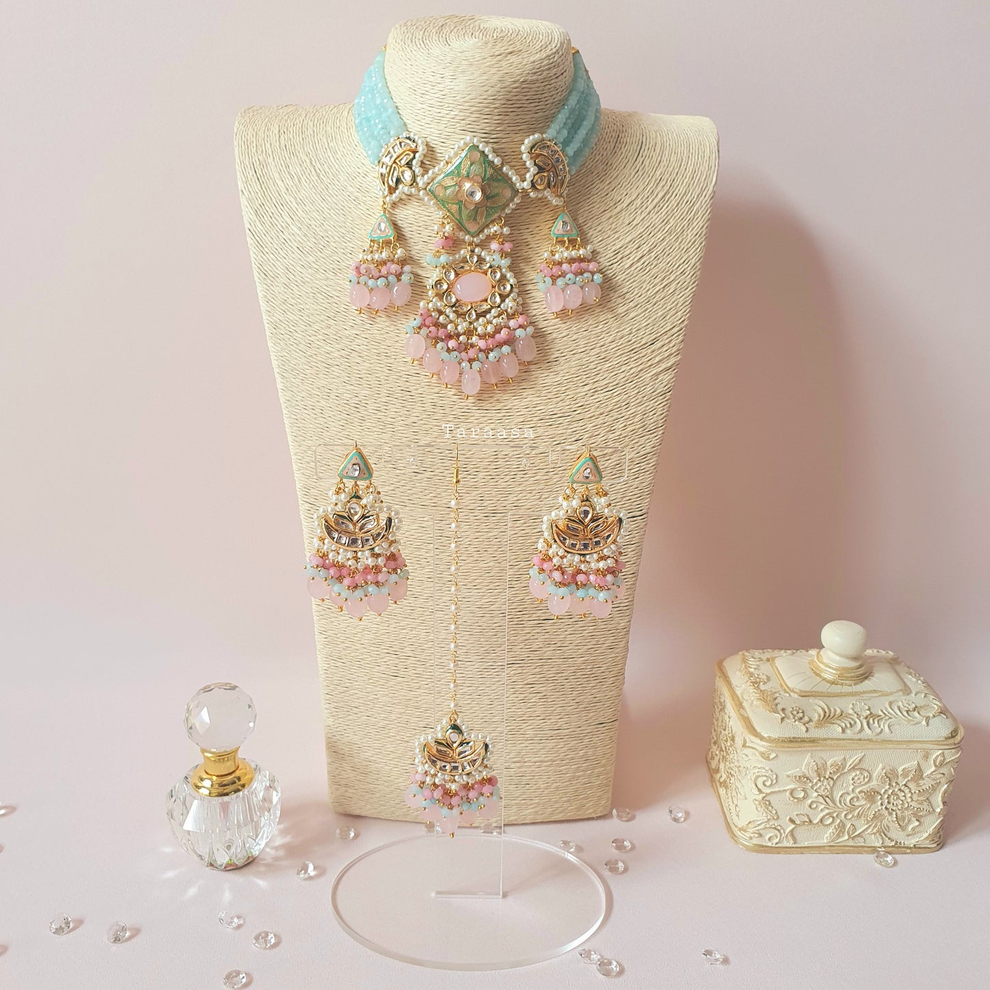 Aqua Blue & Pista Meenakari Choker Set