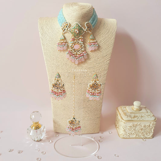 Aqua Blue & Pista Meenakari Choker Set