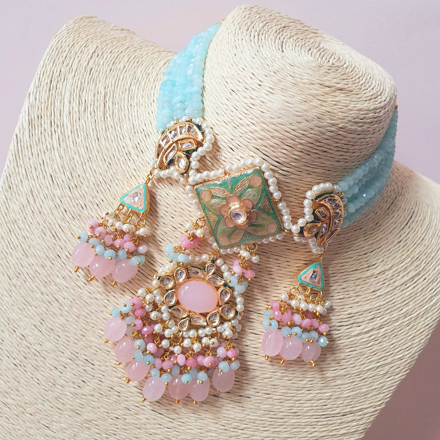 Aqua Blue & Pista Meenakari Choker Set