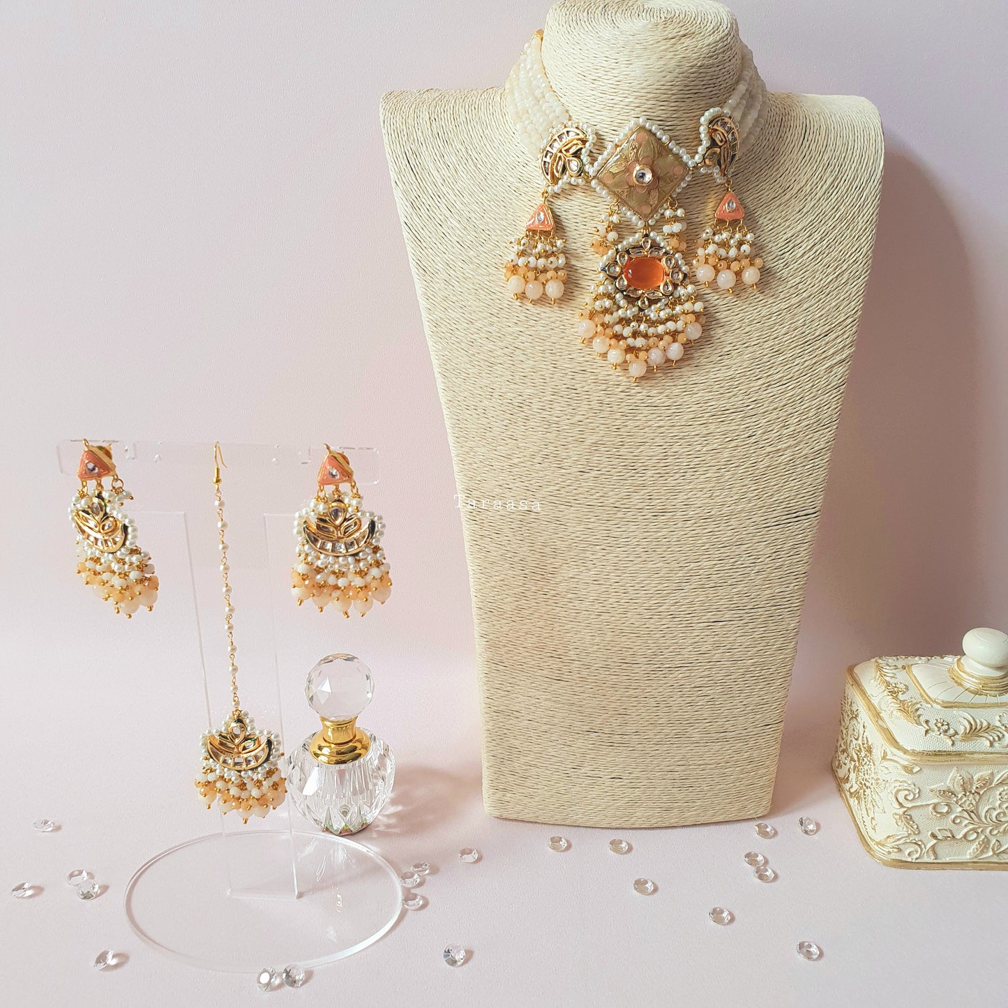 White & Peach Meenakari Choker Set