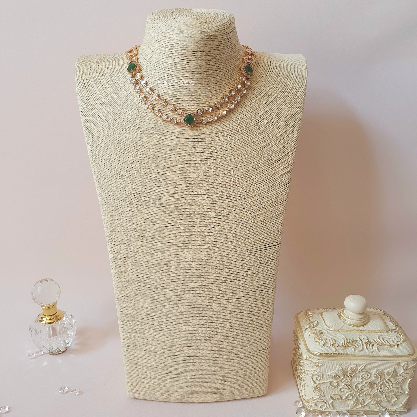 Rosegold Double Kundan Set Emerald