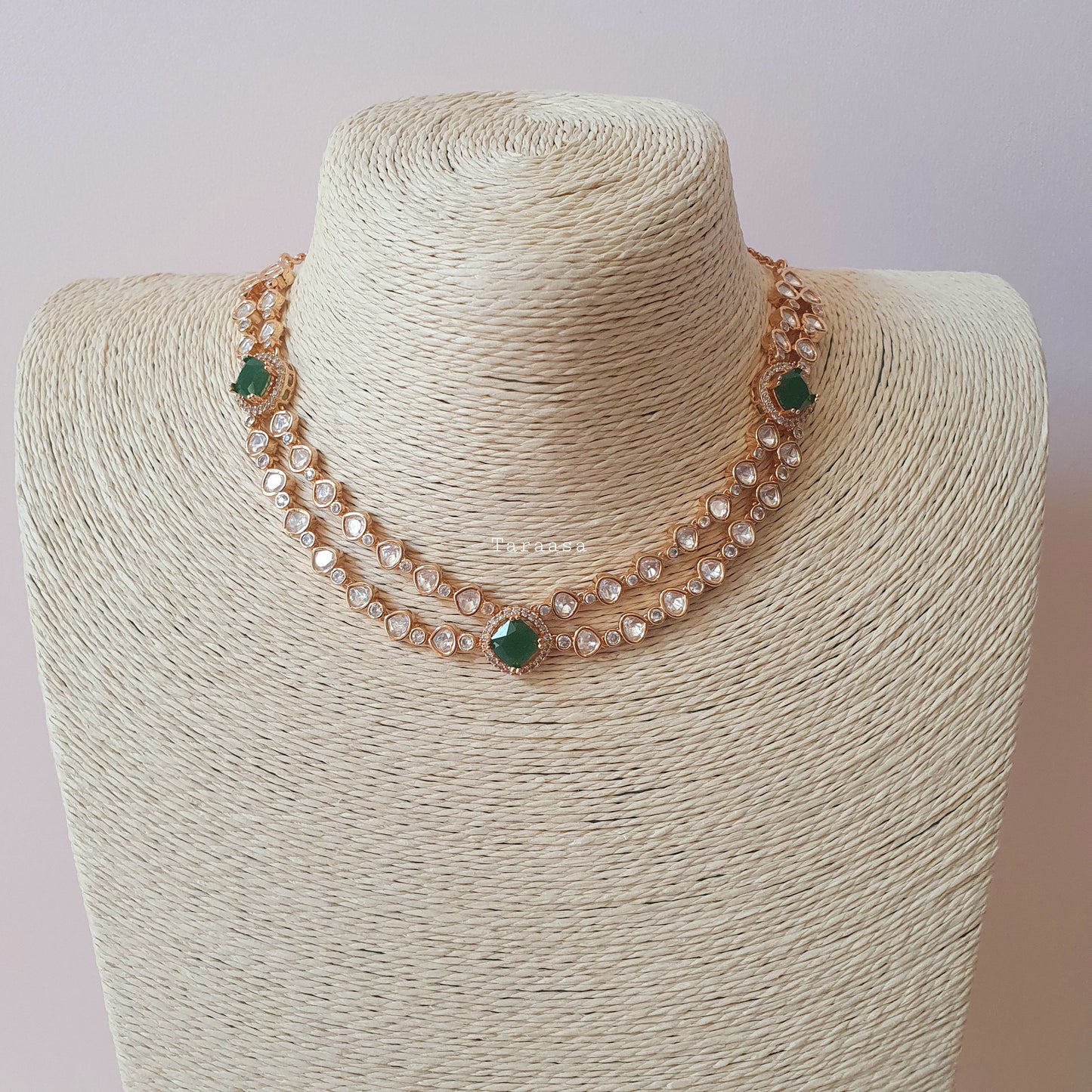 Rosegold Double Kundan Set Emerald