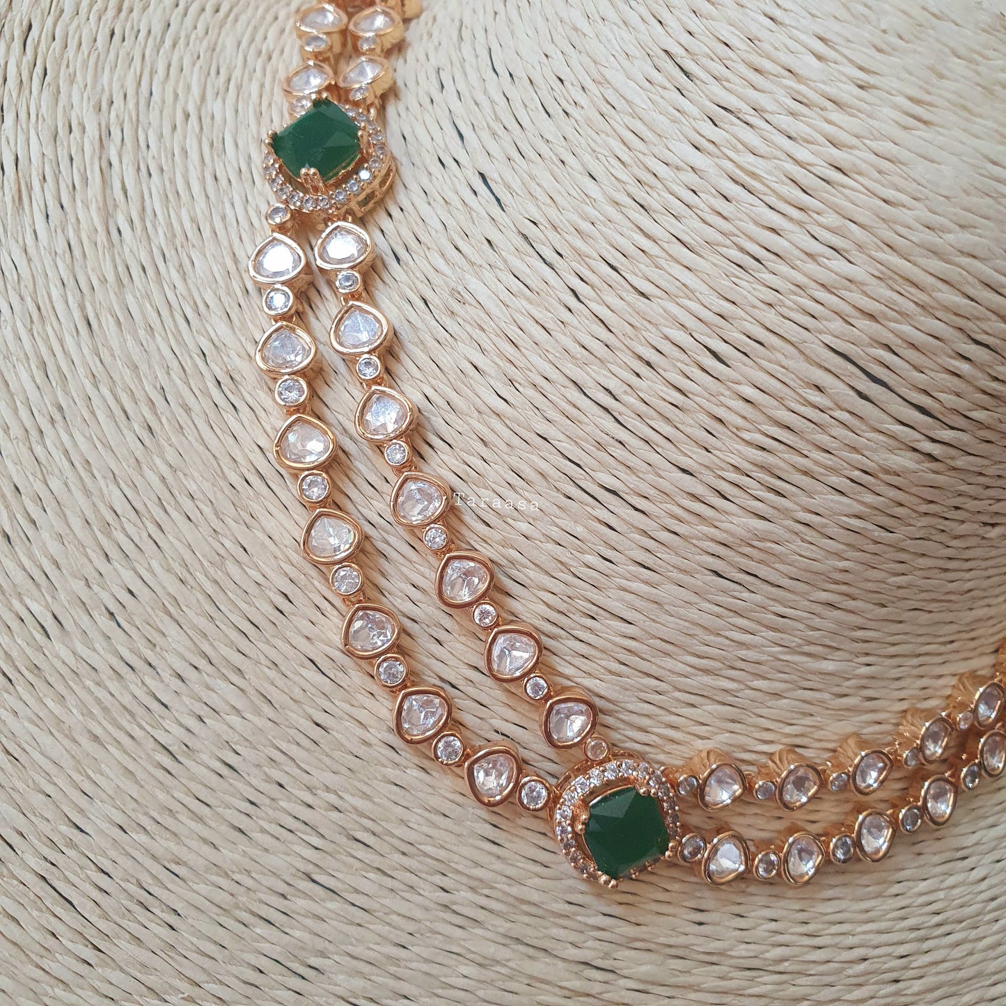 Rosegold Double Kundan Set Emerald