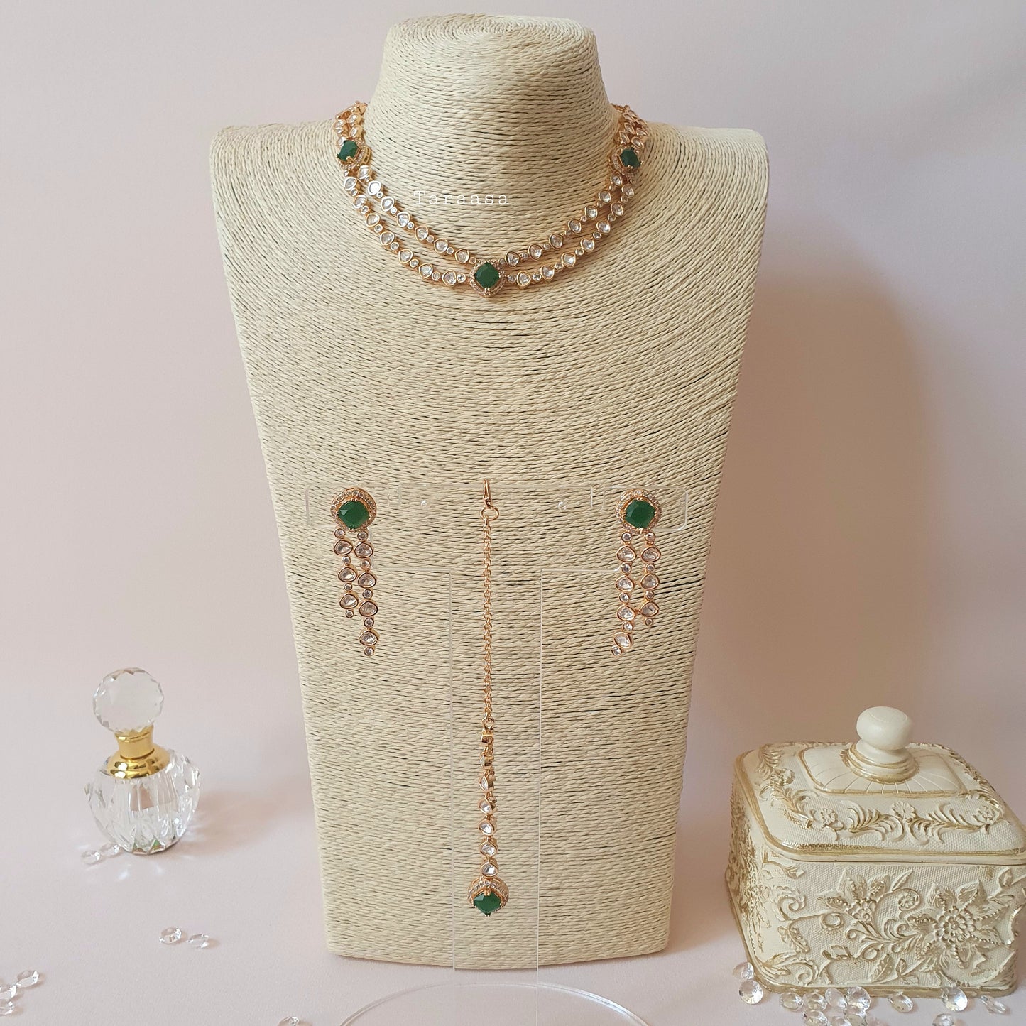 Rosegold Double Kundan Set Emerald