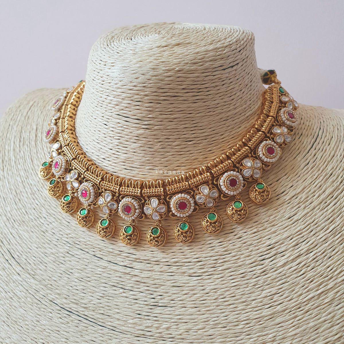 Heritage Kundan Choker - Emerald & Pink