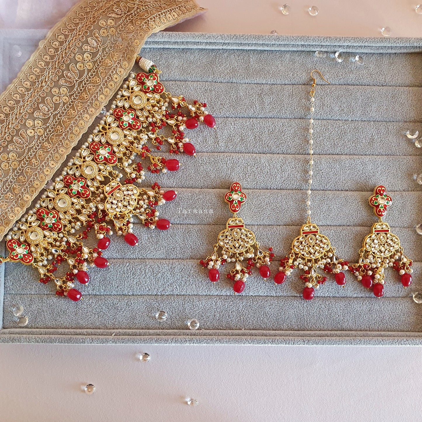 Red Meenakari and Kundan Choker