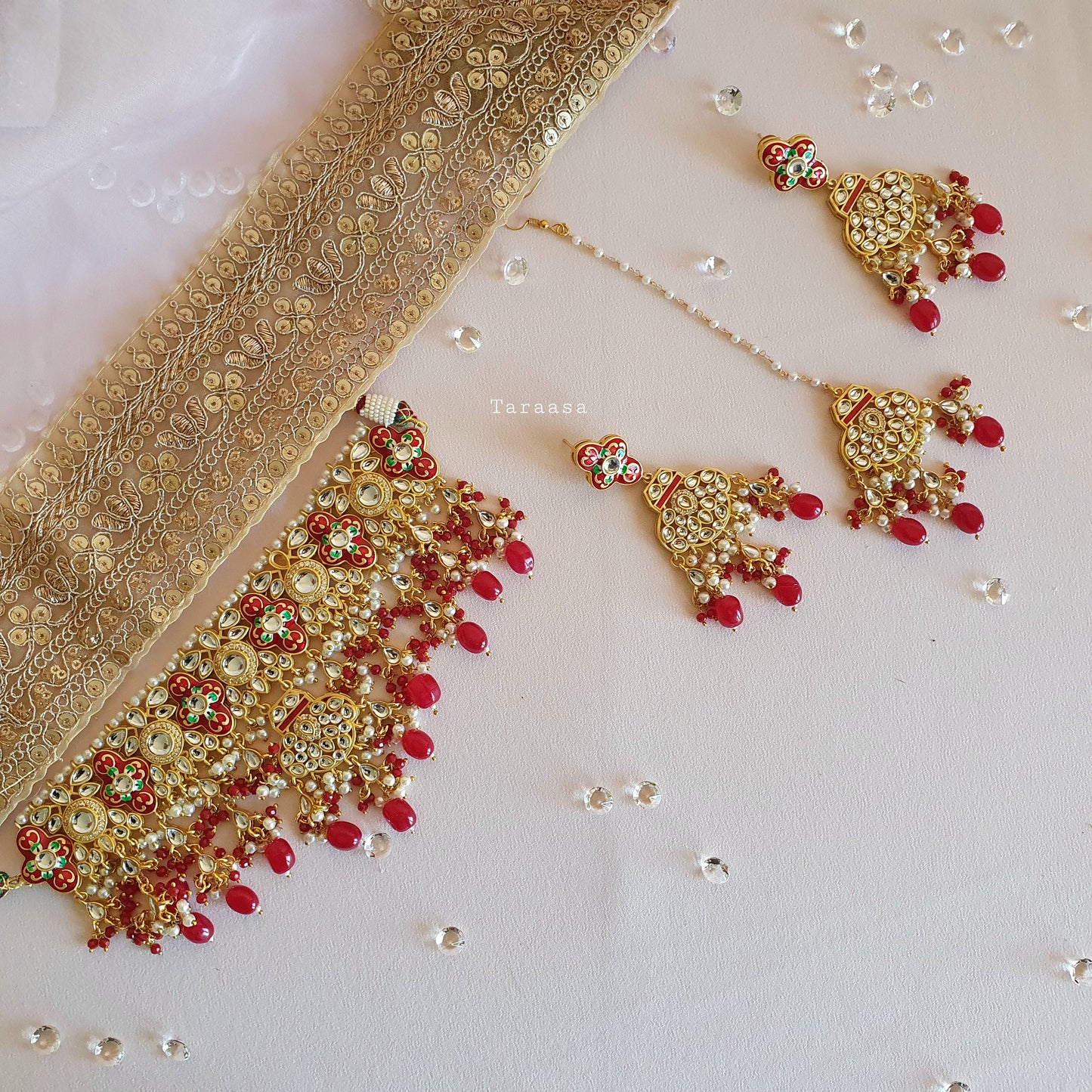 Red Meenakari and Kundan Choker