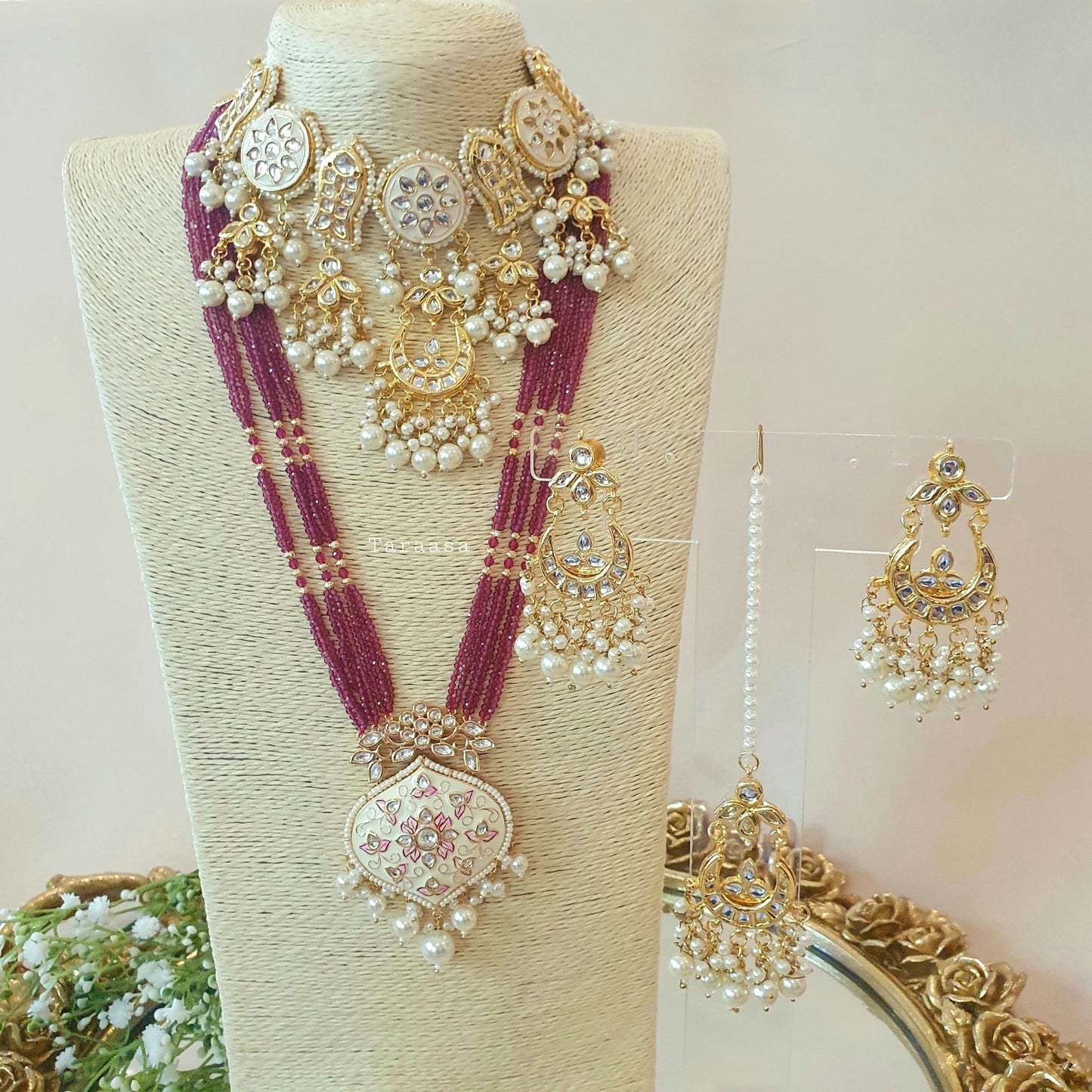 White And Maroon Meenakari Set