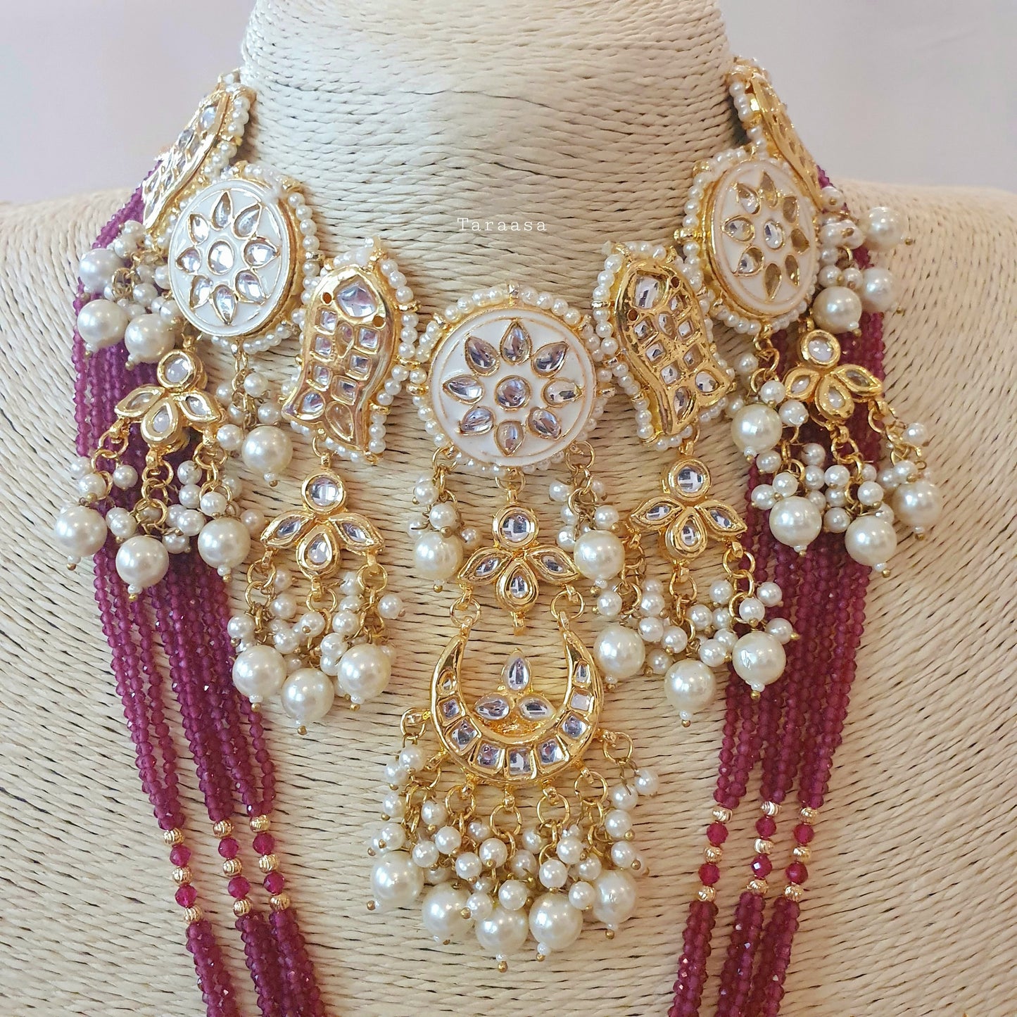 White And Maroon Meenakari Set