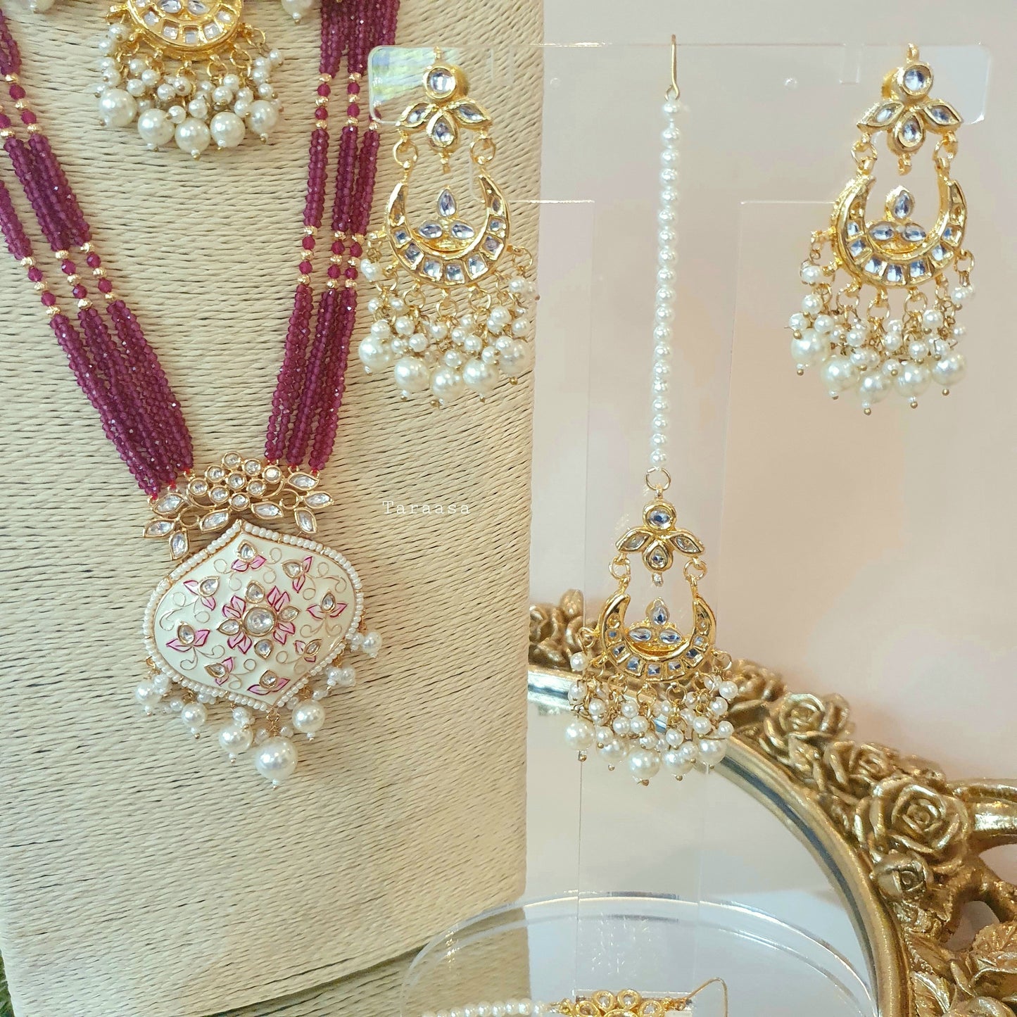 White And Maroon Meenakari Set