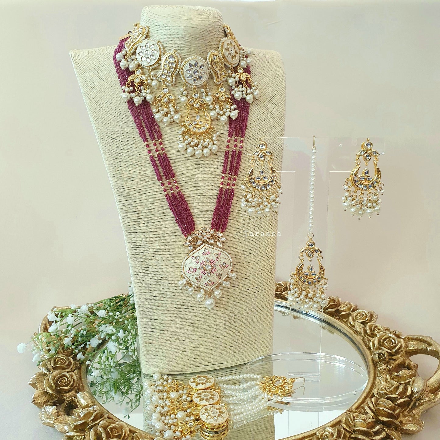 White And Maroon Meenakari Set